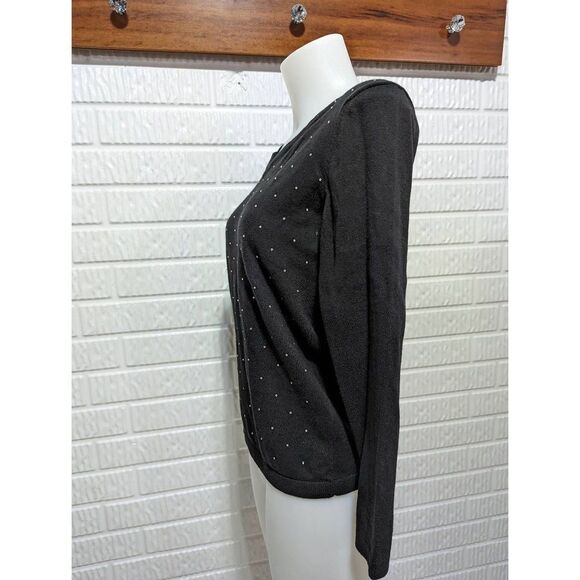 DKNY Jeans Women's Black V-Neck Cotton with Rhinestones Long-Sleeve Sweater Size - Picture 7 of 7